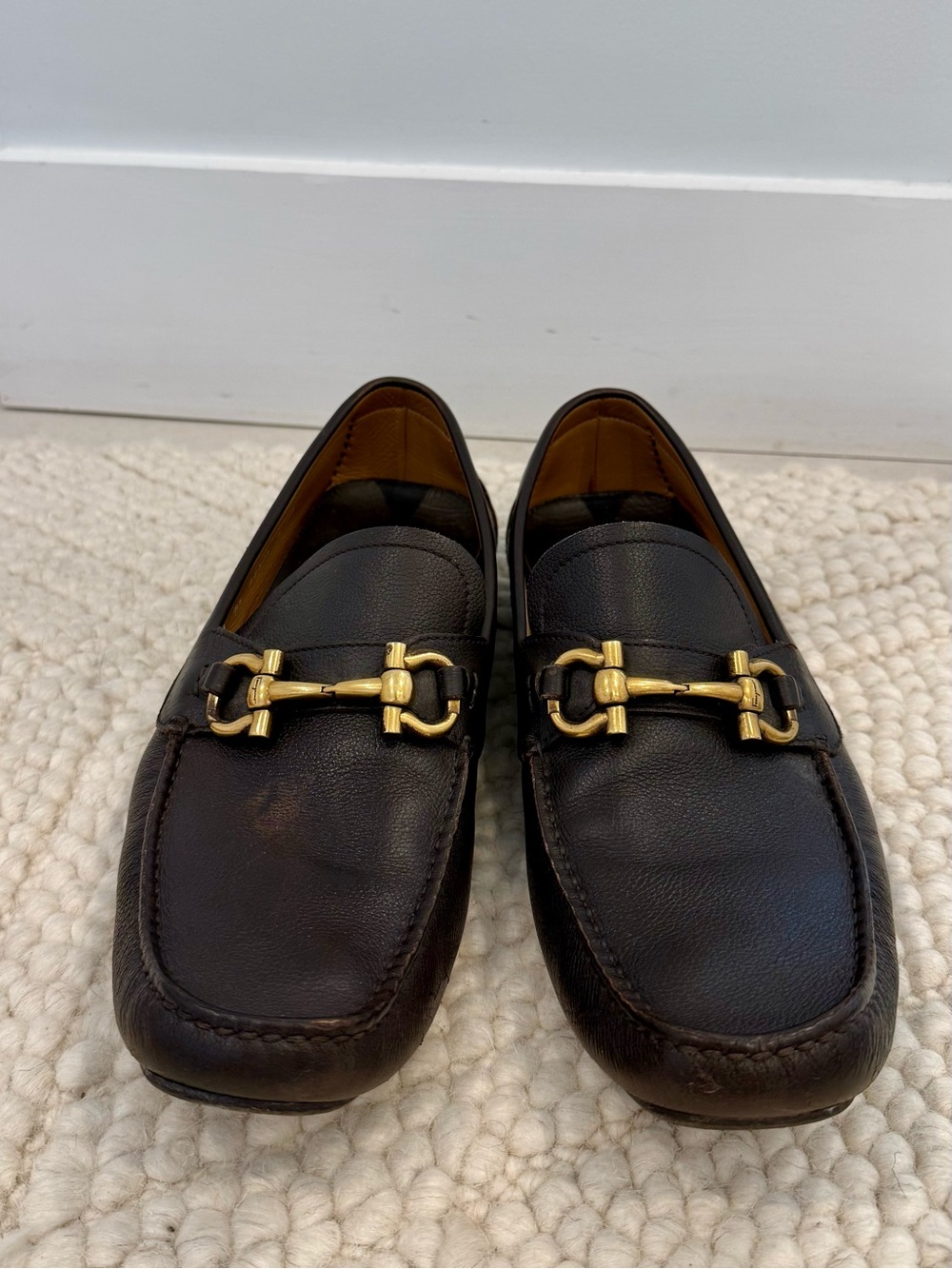 Salvatore Ferragamo Brown Leather Horsebit Loafers with Gold Hardware